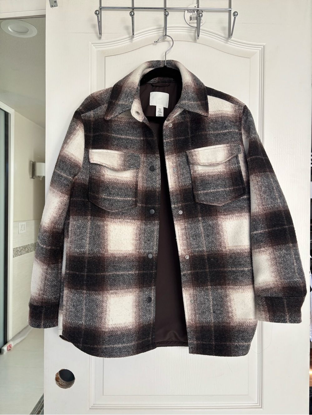 H&M Plaid Wool-Blend Shacket - Brown/Black/Cream